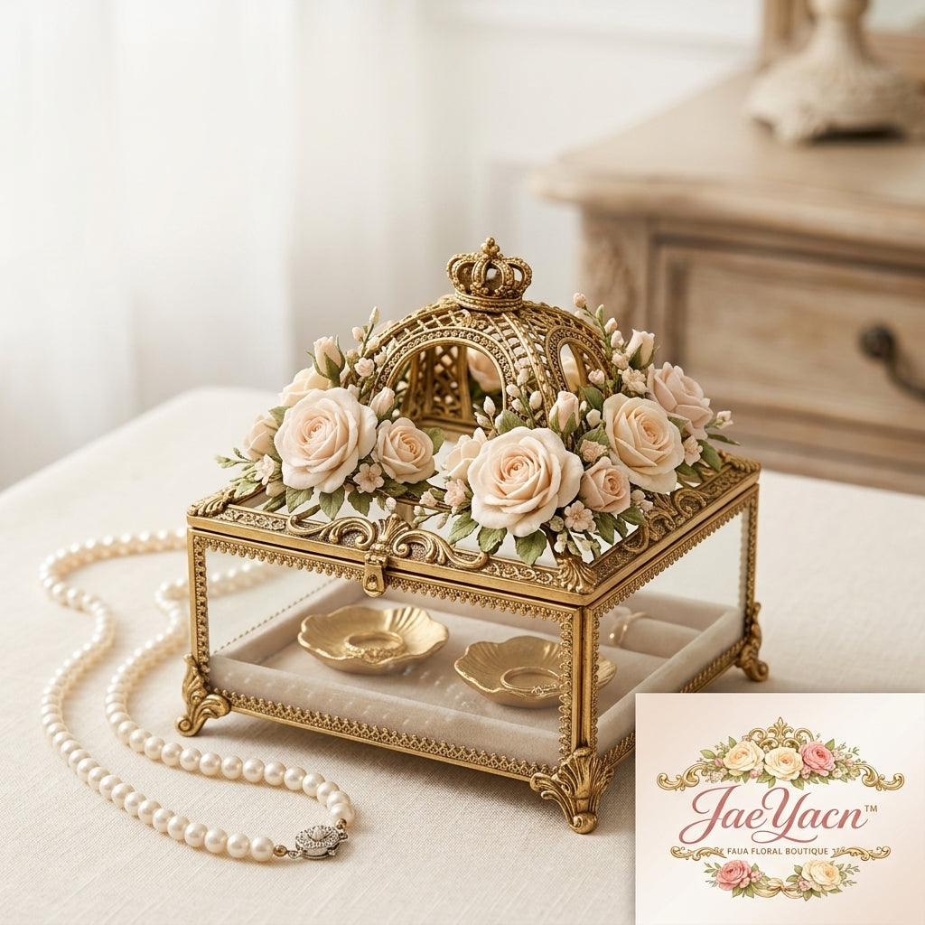 JaeYacn™ Vintage Gold Glass Wedding Ring Box, Ornate Crown Jewelry Display Case with Handcrafted Clay Roses, Antique Keepsake Box for Proposal, Engagement Ceremony, and Vanity Decor