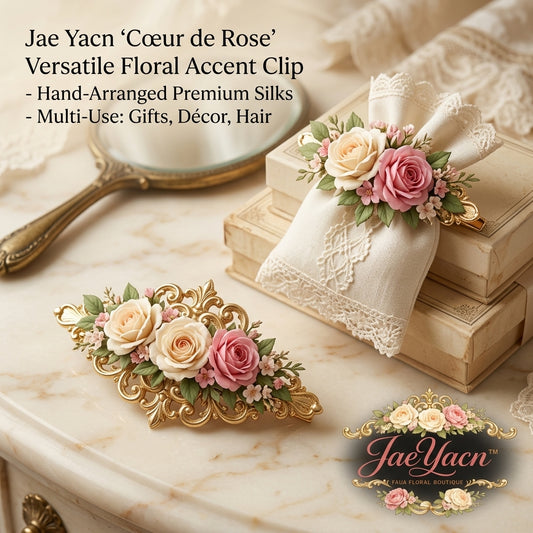 JaeYacn™ 'Cœur de Rose' Versatile Floral Accent Clip | Hand-Arranged Premium Silk Rose Hair Barrette | Vintage Gold Filigree Hair Jewelry for Women, Bridal Weddings, Gifts, & French Cottage Decor