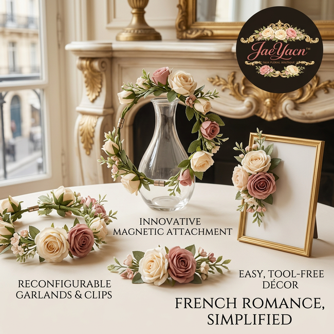 JaeYacn™ Magnetic Floral Garland and Wreath Set - Reconfigurable Dusty Rose & Cream Artificial Rose Decor, Tool-Free Magnetic Flower Clips for Vase, Photo Frame, Wedding Centerpiece, and French Country Home Decor