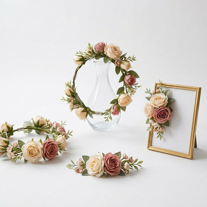 JaeYacn™ Magnetic Floral Garland and Wreath Set - Reconfigurable Dusty Rose & Cream Artificial Rose Decor, Tool-Free Magnetic Flower Clips for Vase, Photo Frame, Wedding Centerpiece, and French Country Home Decor