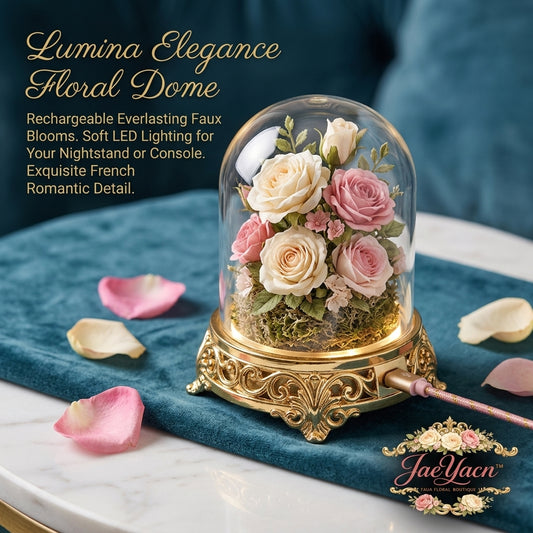 JaeYacn™ Lumina Elegance Rechargeable Floral Dome - Everlasting Faux Rose Light in Glass Dome with Ornate Gold Base, Warm LED Bedside Lamp for Nightstand & Console Table, Romantic Vintage Decor Gift for Women