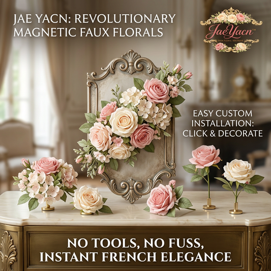 JaeYacn™ Magnetic Faux Florals Set, French Country Artificial Roses & Hydrangeas Centerpiece with Vintage Frame and Gold Stems, DIY Click-and-Decorate Faux Flower Arrangement for Tabletop & Wall Decor