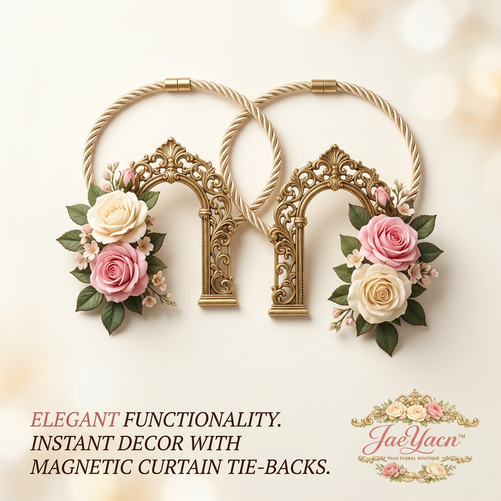JaeYacn™ 2-Pack Magnetic Curtain Tiebacks - Vintage Gold Arch Drapery Holdbacks with Realistic Cream & Pink Roses, Elegant Floral Window Treatment Accessories for Living Room, Bedroom & Nursery
