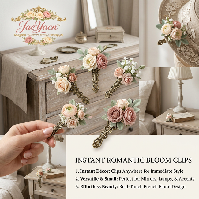 JaeYacn™ Vintage Floral Clips for Home Décor - 5Pcs Real-Touch French Rose & Ranunculus Decorative Metal Clips, Romantic Cottagecore Accents for Mirrors, Lampshades, Books, and Hat Accessories