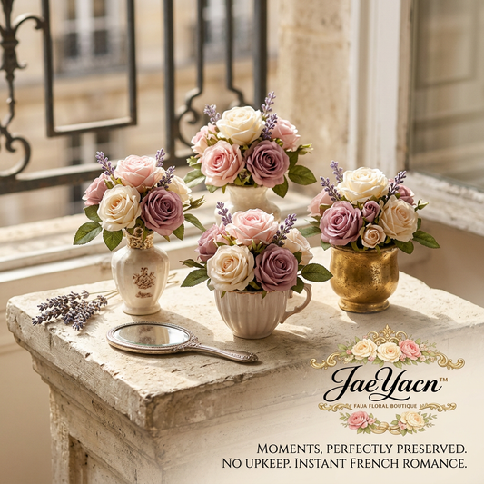 JaeYacn™ 4-Piece Artificial Rose & Lavender Flower Arrangements in Vintage Ceramic Vases - Faux Floral Centerpieces for French Country, Farmhouse, Cottagecore Home Decor, Wedding Table, Shelf Aesthetic