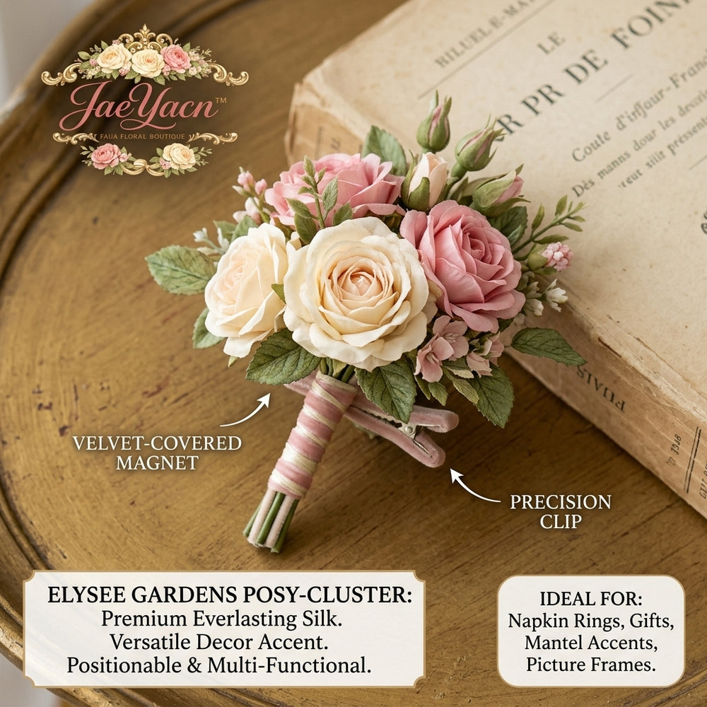 JaeYacn™ Elysee Gardens Posy-Cluster, Premium Silk Rose Boutonniere with Velvet-Covered Magnet & Precision Clip, Versatile Artificial Floral Decor Accent for Napkin Rings, Picture Frames, Mantel, and Gifts