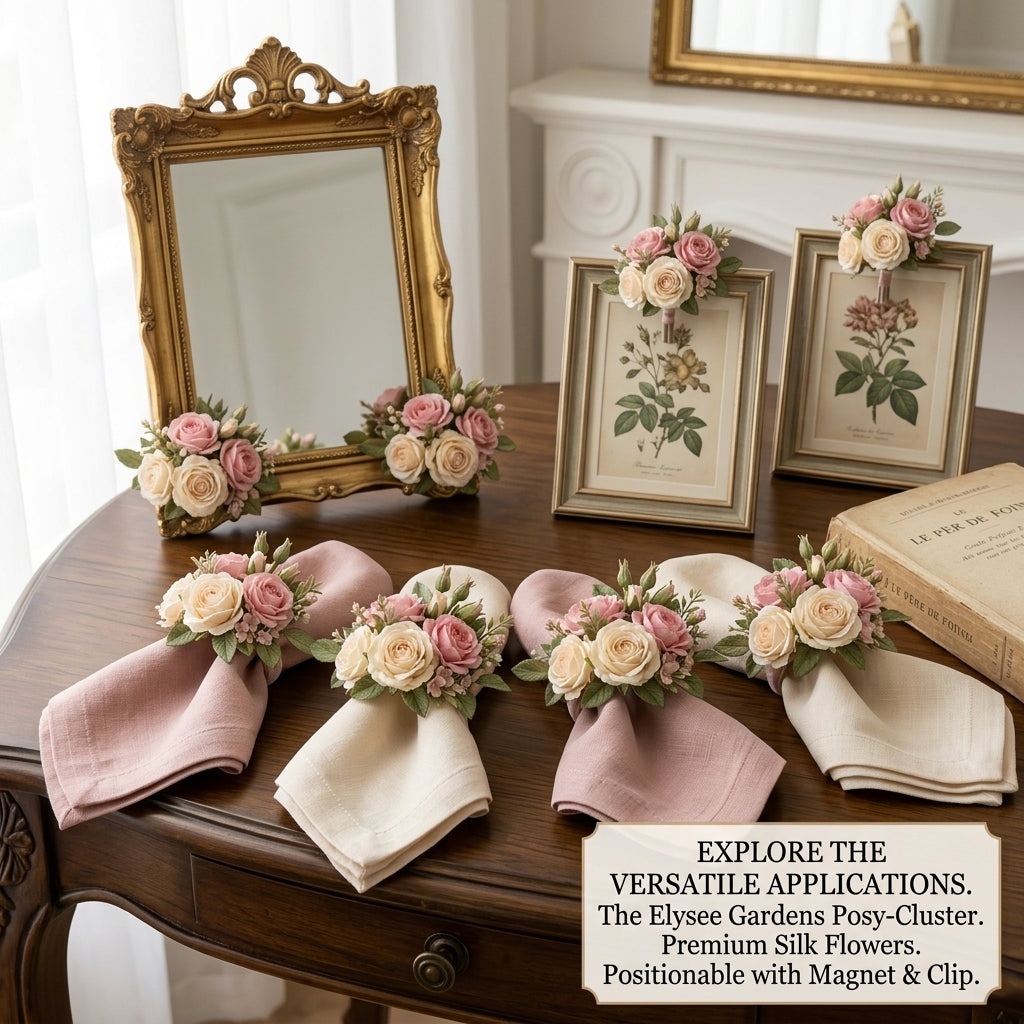 JaeYacn™ Elysee Gardens Posy-Cluster, Premium Silk Rose Boutonniere with Velvet-Covered Magnet & Precision Clip, Versatile Artificial Floral Decor Accent for Napkin Rings, Picture Frames, Mantel, and Gifts