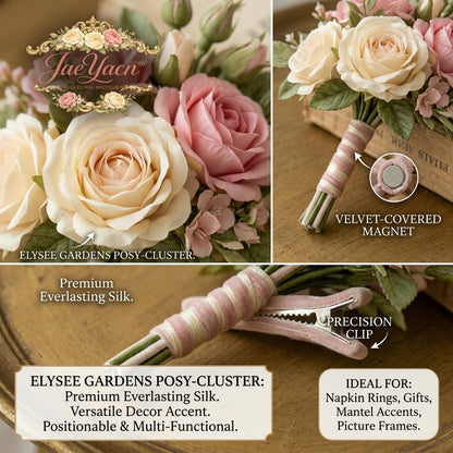 JaeYacn™ Elysee Gardens Posy-Cluster, Premium Silk Rose Boutonniere with Velvet-Covered Magnet & Precision Clip, Versatile Artificial Floral Decor Accent for Napkin Rings, Picture Frames, Mantel, and Gifts